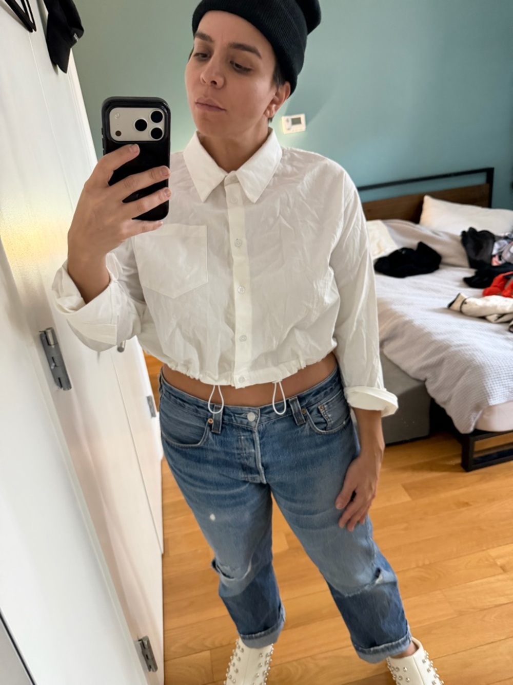 Cropped Button-Down Shirt — White